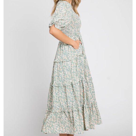 Polagram Dress Floral Green Maxi Smocked Bodice Three Tiered RuffleS Size M - Picture 9 of 15